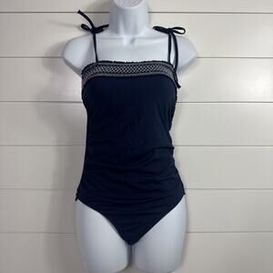 Lands End One Piece Swimsuit Ruched Smocked Tie Top Navy Blue sz 6